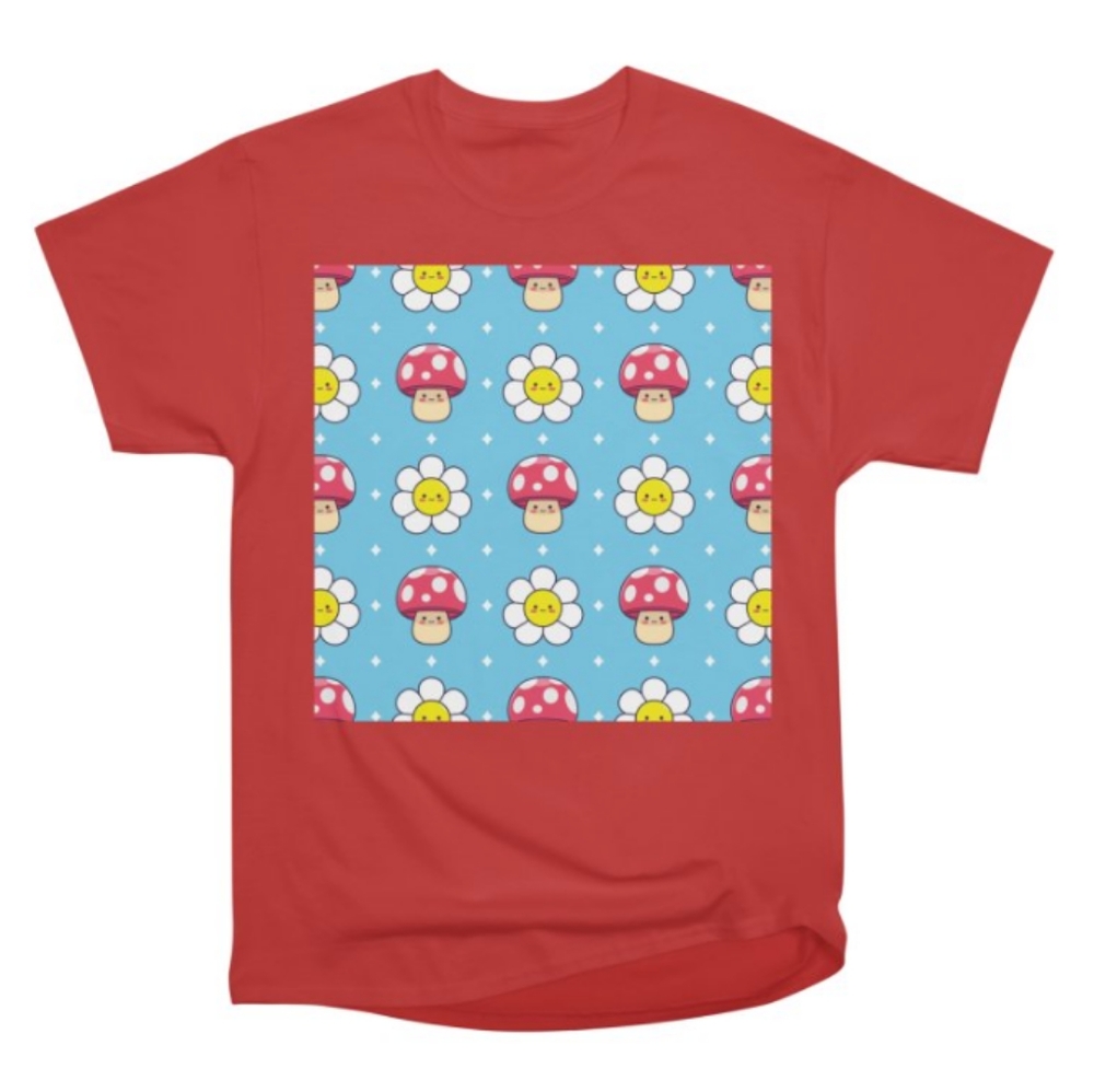 Boxy Red Happy Daisy Mushroom Print T Shirt - CUSTOM Made - Picture 1 of 2